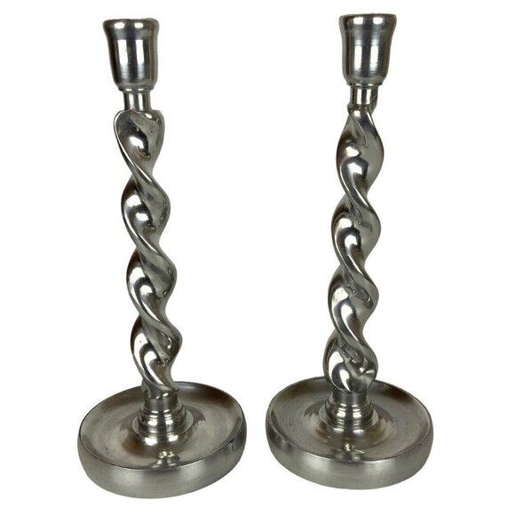 Arthur Court Barley Twist Candlesticks Holders Pair Shiny Pewter Aluminum 1987 - Picture 1 of 5